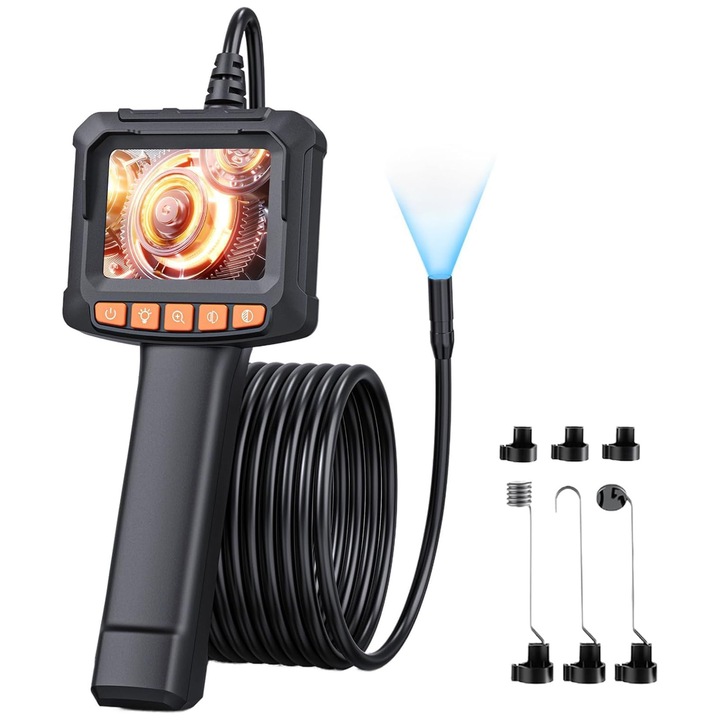Професионален индустриален ендоскоп, ендоскопска камера със светлини, 8 мм инспекционна камера, 1080P HD, 2" 4" IPS, IP67, 5 м полустатичен кабел, батерия 2000 mAh, черен