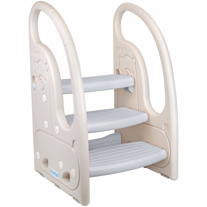 Детско столче-повдигач с дръжки, FizioTab®, тип стълба, с три стъпала, реверсивно и противоплъзгаща повърхност, употреба в кухня, баня, алпака бяло/сиво