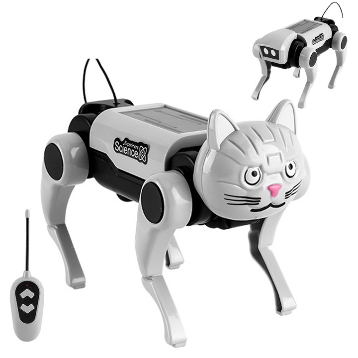 Robot mecanic de jucarie cu 2 capete de caine si pisica, Jucarie robot cu functie de control la distanta, Axroad Mall, Set de asamblare, Educational, Cadou copii de baieti si fete, +8 ani, ABS, Alb-negru