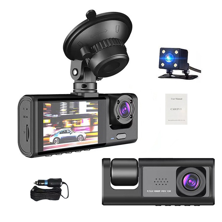 Автомобилен DVR камера, Fudisenn, Full HD 1080p, 3 лещи, Wi-Fi, наблюдение на паркинг, черен, 2,45 инча, максимален ъгъл на заснемане 140°, цикличен запис, G-сензор, нощно виждане