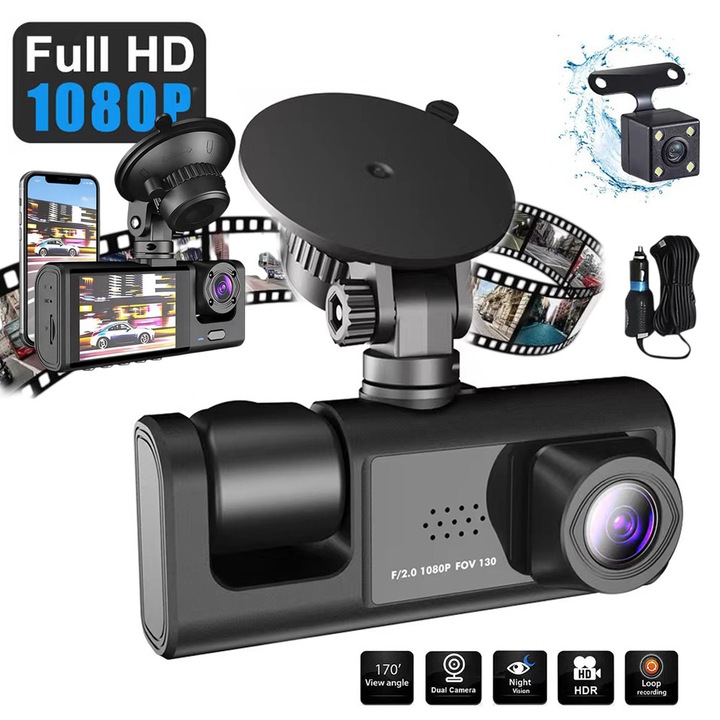 Camera Auto DVR, Fudisenn®, Inregistrator de conducere Full HD 1080p, 3 Lentile, Wi-Fi, Monitorizare parcare, Negru, 2.45 inch, Unghi maxim Filmare 140°, Inregistrare in Bucla, Senzor G, Vedere Nocturna