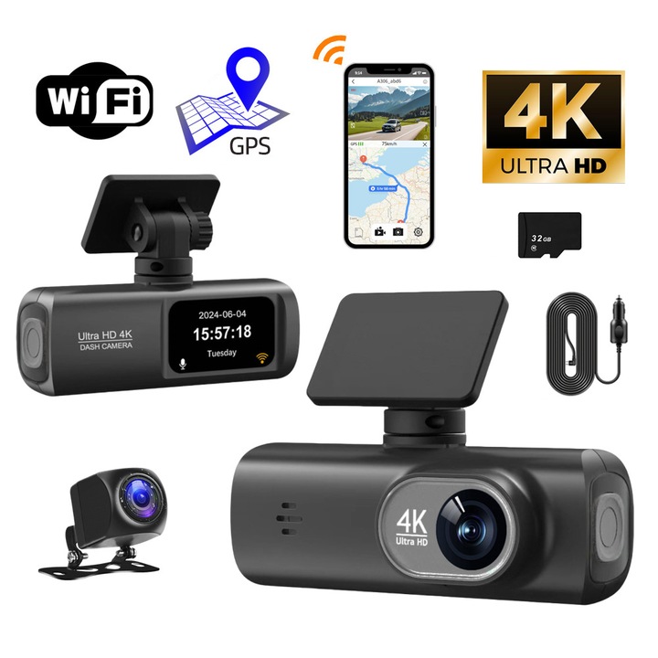 DVR камера за кола, Full 4K HD 1080p, 32G карта с памет, WiFi, GPS, двоен обектив, наблюдение на паркинг, 1,47-инчов IPS екран, максимален ъгъл на заснемане 170°, цикличен запис, G-сензор, нощно виждане, Fudisenn, черен