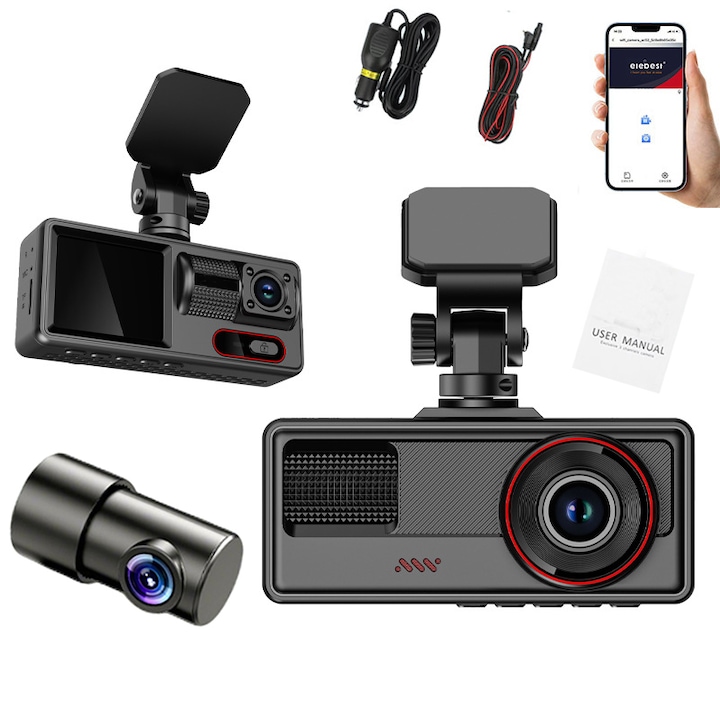 Fudisenn DVR камера за кола, Full HD 1080p, 3 лещи, WiFi, 170°, 32G карта с памет, 2,0 инча IPS дисплей, цикличен запис, Свържете телефона си, Мониторинг на паркиране, Черен