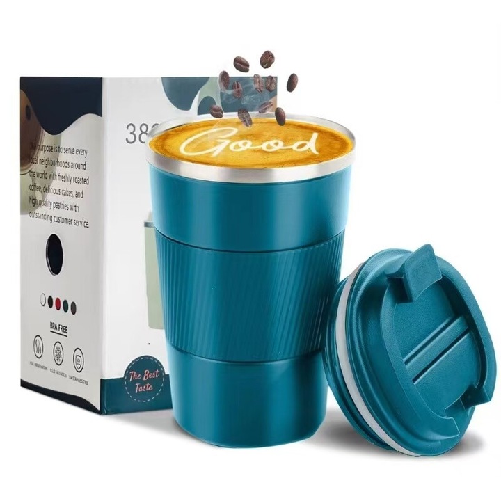 Чаша за кафе, неръждаема стомана, синя, 380 мл, термоизолация 6-12 часа, модерен дизайн