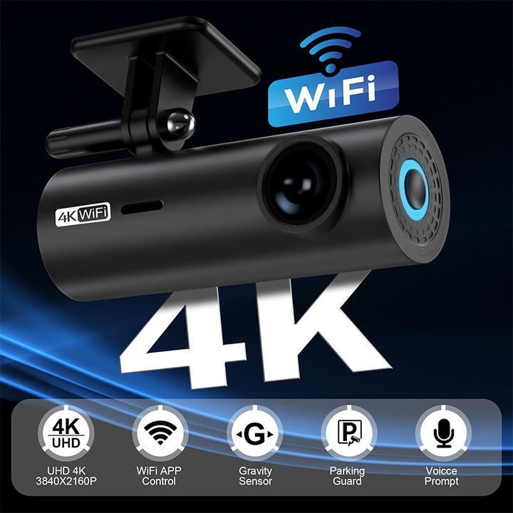 DVR камера за кола Fudisenn, FULL HD 4K, 2160p, 64GB, G-сензор, 170° ултрашироко зрително поле, циклично видео, включен WiFi, нощно виждане, запис отпред-зад, вътрешен запис, камера за обратно виждане, наблюдение при паркиране, сензор за сблъсък, Черен