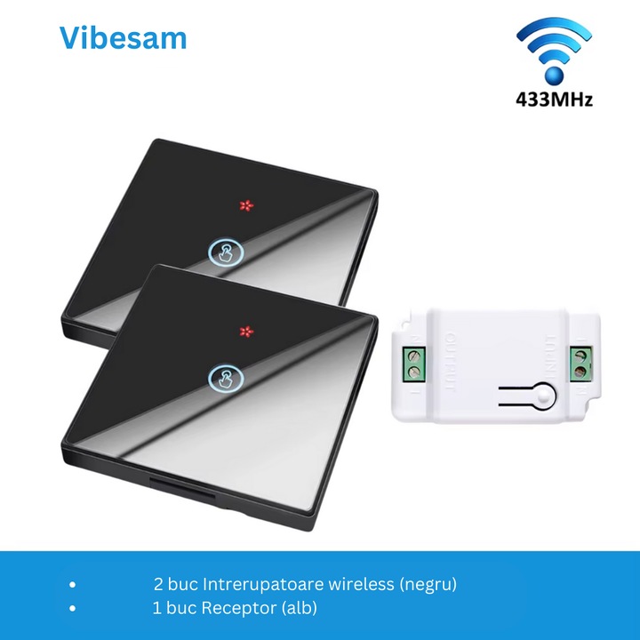 Kit 2 intrerupatoare RF433, Vibesam, 1 canal, alb, plus 1 receiver inteligent, WiFi, on/off, negru