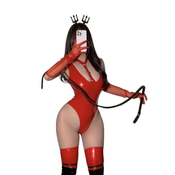 Costum sexy Succubus, set 4 piese, negru si rosu, marimea 40-42, material PVC