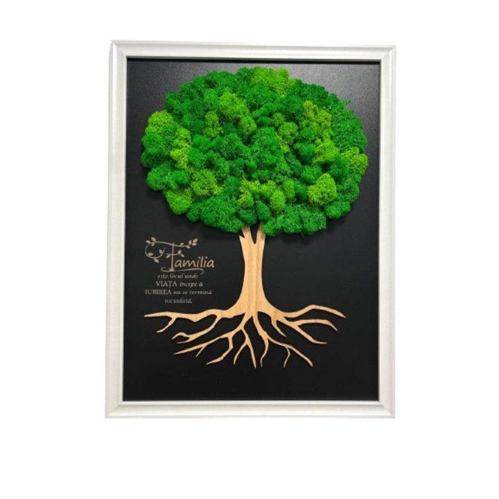 Tablou Copacul Vietii decorat cu licheni naturali cu mesaj gravat Familia dimensiune 40x30 cm