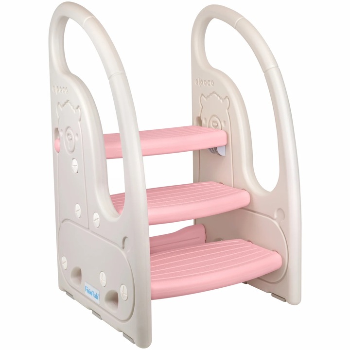 Детско столче за повдигане с дръжки, FizioTab®, тип стълба, с три стъпала, реверсивно и противоплъзгаща повърхност, употреба в кухня, баня, алпака бяло/розово