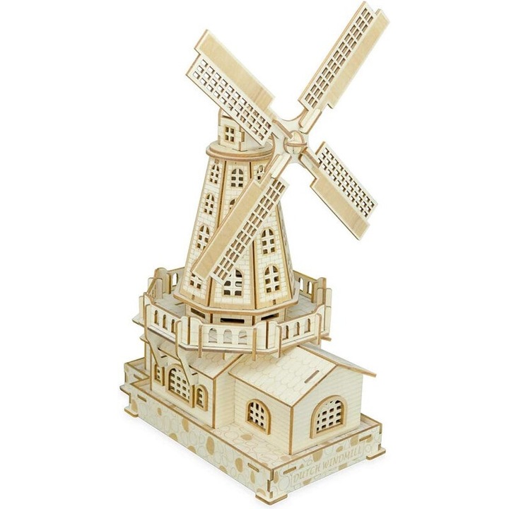 3D пъзел, дървен, Холандска вятърна мелница, 127 части, размери 23x19,5x33,5 см, комплект за сглобяване Направи си сам