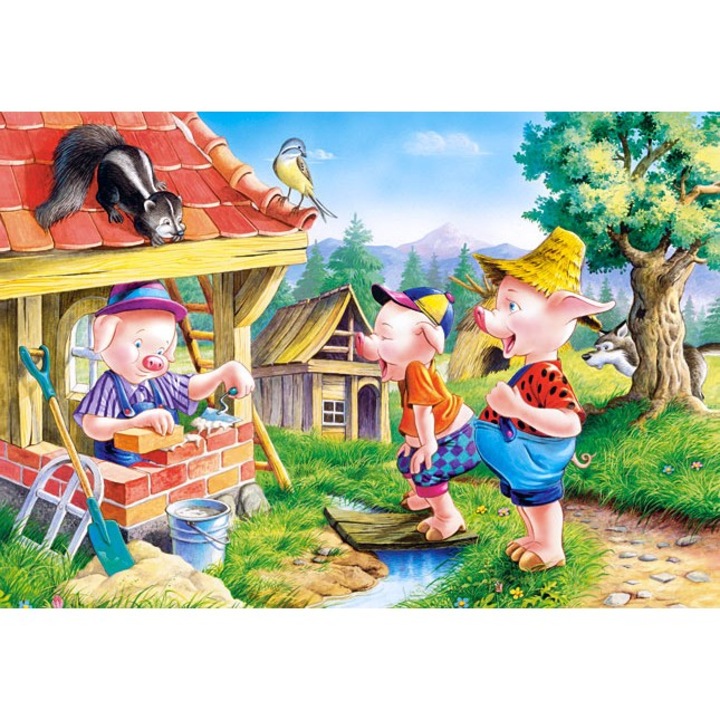 Oktató puzzle óvodásoknak 60 db-os fa fém dobozban, A Három Kismalac modell, 22.5 x 13.5 cm, Többszínű