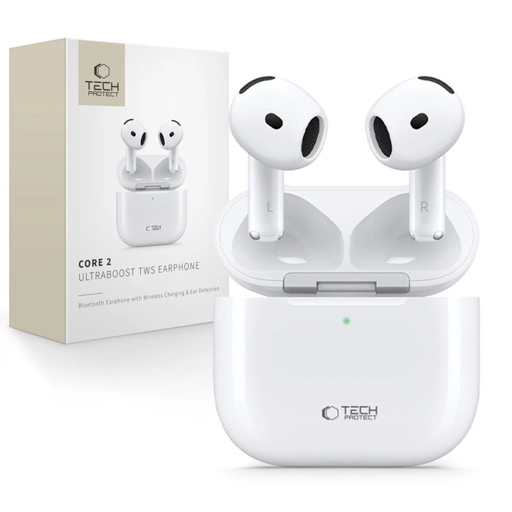 Casti wireless Tech-Protect UltraBoost TWS Earphone Core 2, alb, set cu statie de incarcare si cablu USB-C, 3.5-4h autonomie