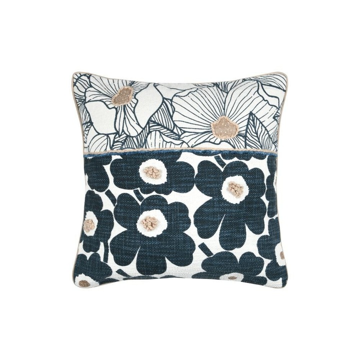 Възглавница, Плат, Юджини, Памучен плат, 3D детайли, Практично закопчаване, 40x40, Наситено тъмносиньо и бежово