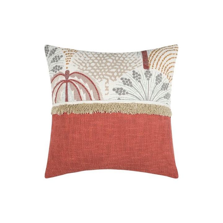 Възглавница, Плат, Асуан, Бохо стил, Абстрактни растения, Декоративен орнамент с пискюли, 40x40, Бежов, Сив, Оранжев, Теракота