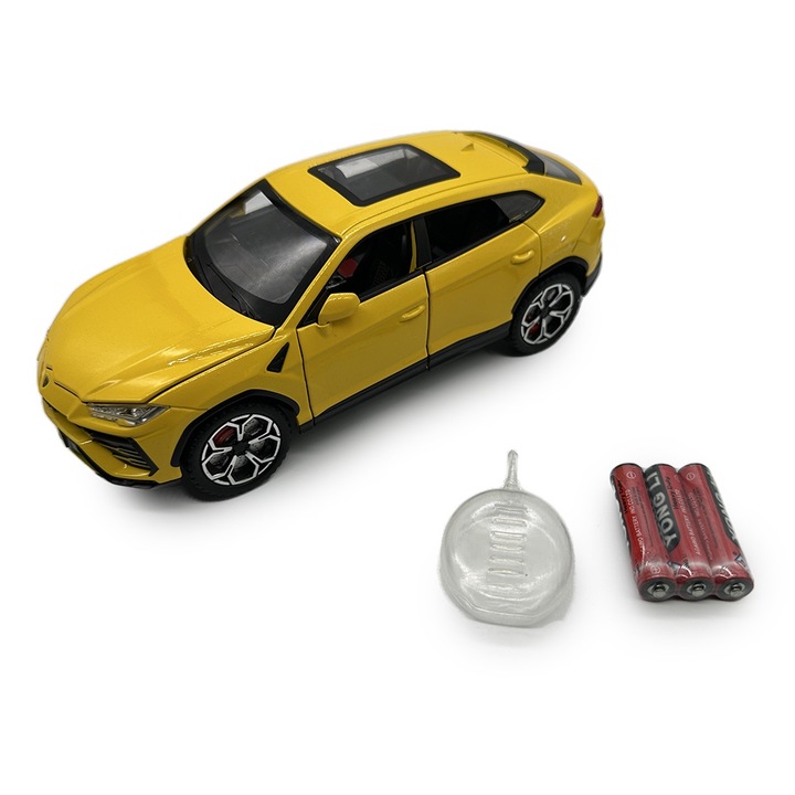Fém Lamborghini Urus modell füsteffektusokkal, Valósághű hangok, Fényszórók és hátsó lámpák világítanak, Motorháztető, csomagtartó és 4 nyitható ajtó, Elemek, Méretarány 1:24, 21 cm, Sárga, VisionXXI