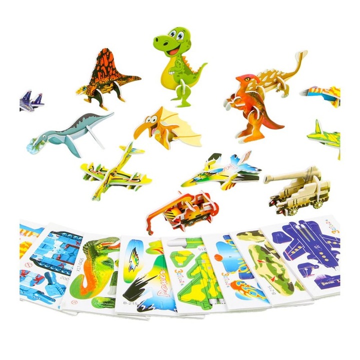 Комплект мини 3D пъзели, 45 части, теми динозавър+самолет+танк, екологично чист, 8,5x6 см всяка част