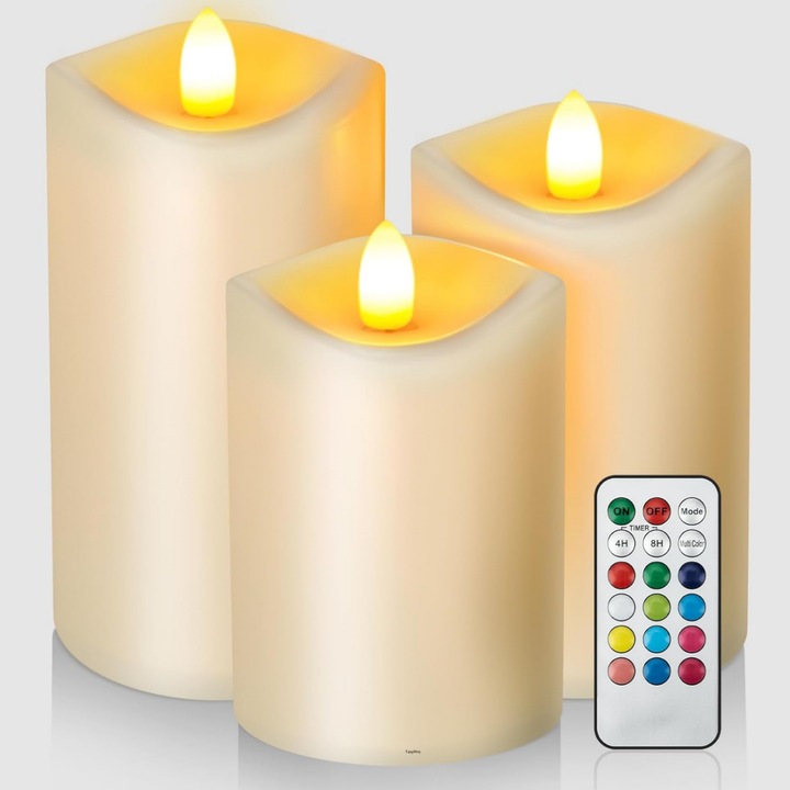 3 db lángmentes LED gyertya készlet, TasyPins, távirányítóval, 12 állítható szín, méretek: 7,5x7,5cm, 11,5x7,5cm, 15x7,5cm