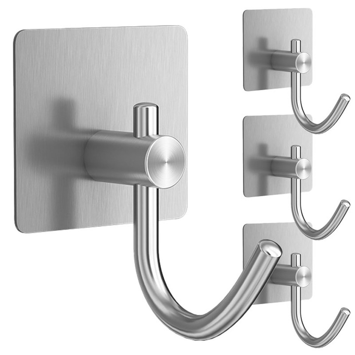 Set de 4 carlige din otel inoxidabil autoadezive, rezistente la coroziune, argintii, 4.5x2.6cm