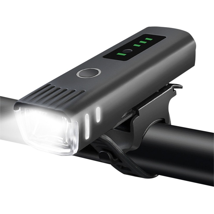 Kerékpáros fényszóró fényérzékelővel, 1500 mAh, IPX4, USB töltés, 4 világítási mód, 10x3,3x3cm, fekete