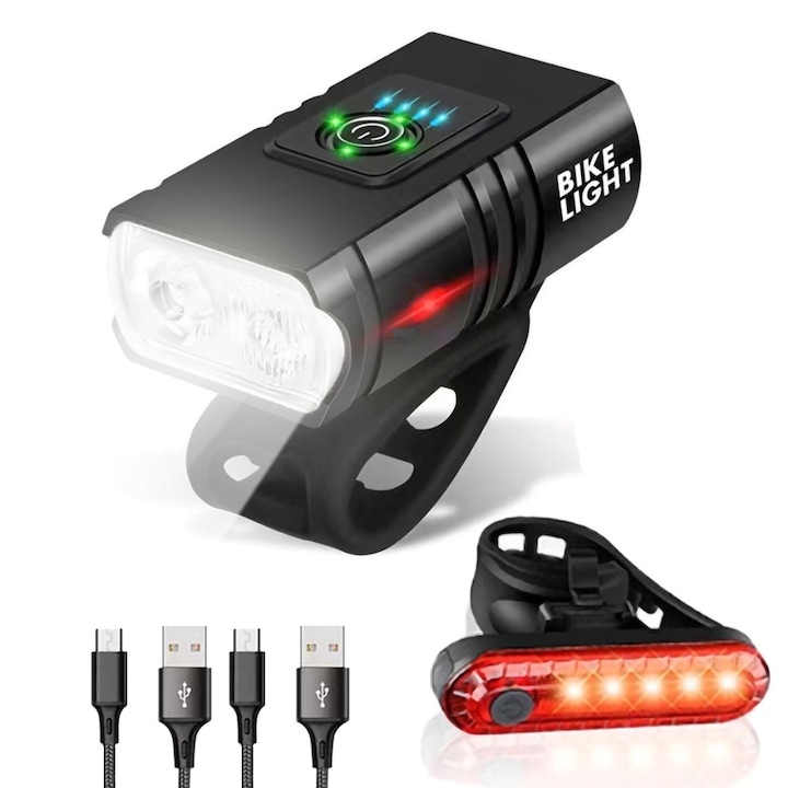 Комплект велосипедни фарове, фар и стоп, 1000LM, 1200mAh, USB зареждане, IPX5 водоустойчивост, 6 режима на светене, размери 65x39x38mm, 70x20mm, черни