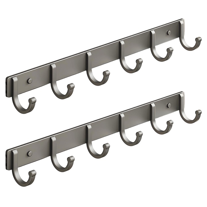 Set 2 cuiere, Cuier usa, Aluminiu, Gaurire sau autoadezive, Constructie solida,6 Carlige, 40cm, Gri