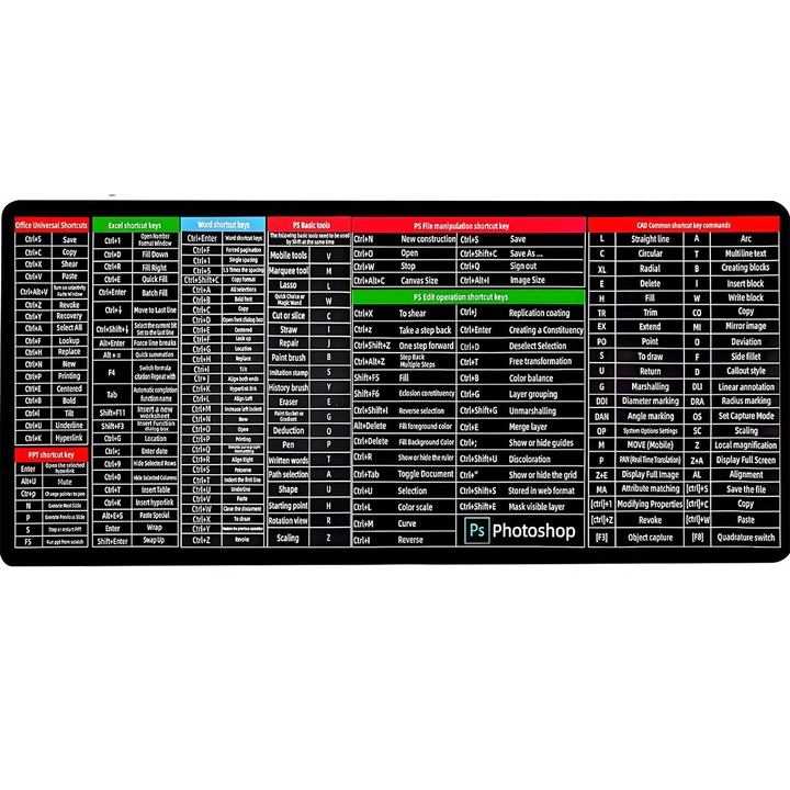 Голяма подложка за мишка, черна, 800x300x4 мм, гумен материал, дизайн с Excel преки пътища