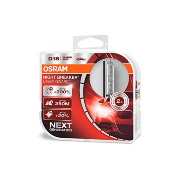 Set 2 Becuri Auto Xenon D1S OSRAM NIGHT BREAKER LASER Next Generation, +200%, 85V