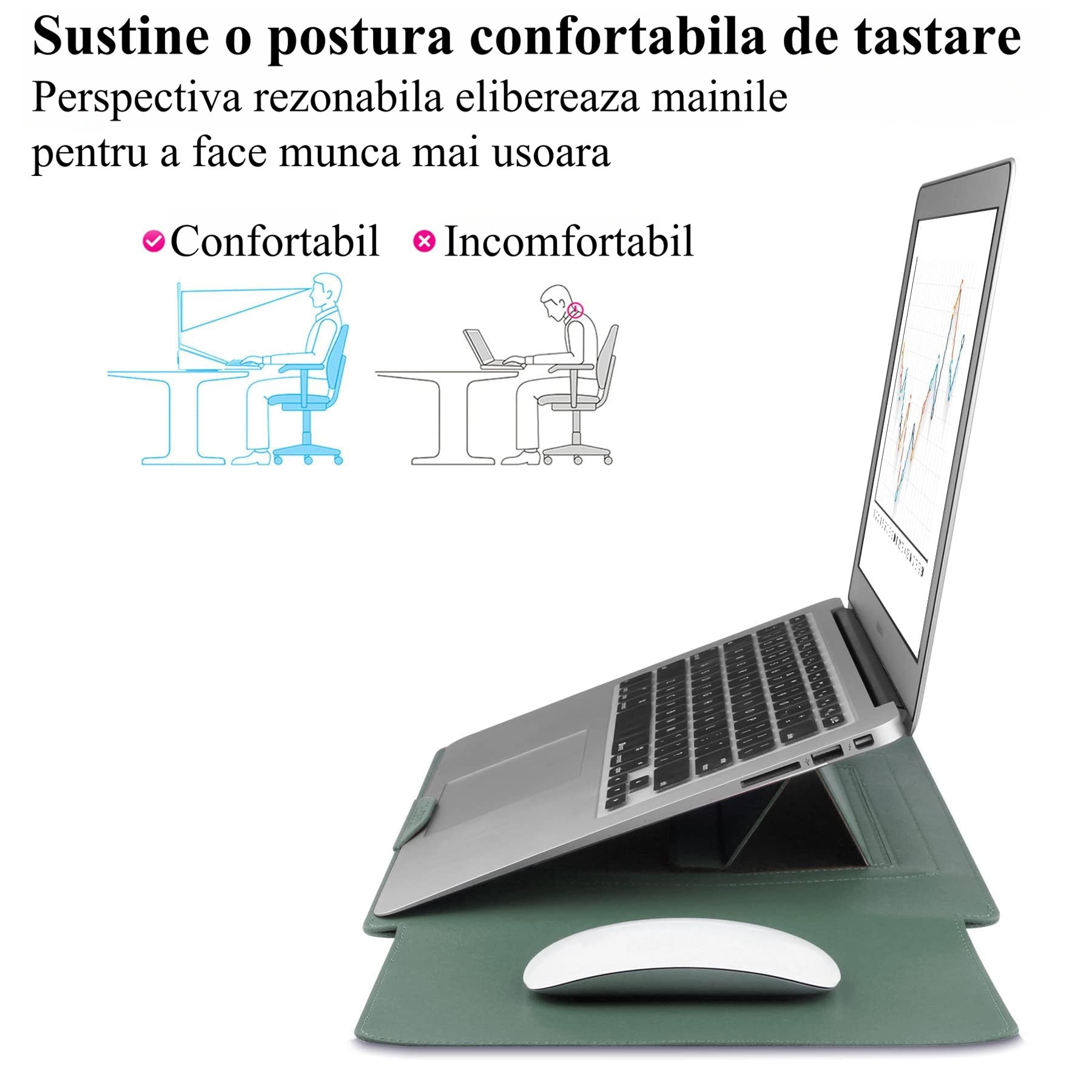 Husa Laptop 15-16 inch, 4 in 1 cu foldable stand, oein®, compatibila cu MacBook Air, MacBook Pro, Piele Ecologica, Marime Universala, 28 x 38 cm, Verde