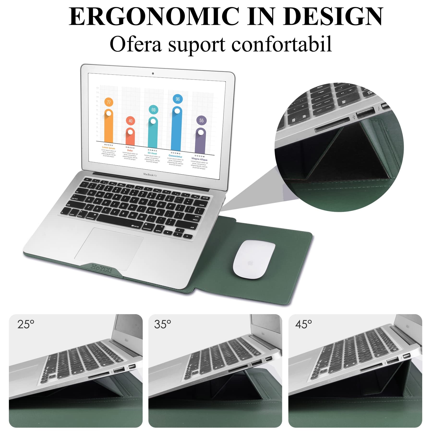 Husa Laptop 15-16 inch, 4 in 1 cu foldable stand, oein®, compatibila cu MacBook Air, MacBook Pro, Piele Ecologica, Marime Universala, 28 x 38 cm, Verde