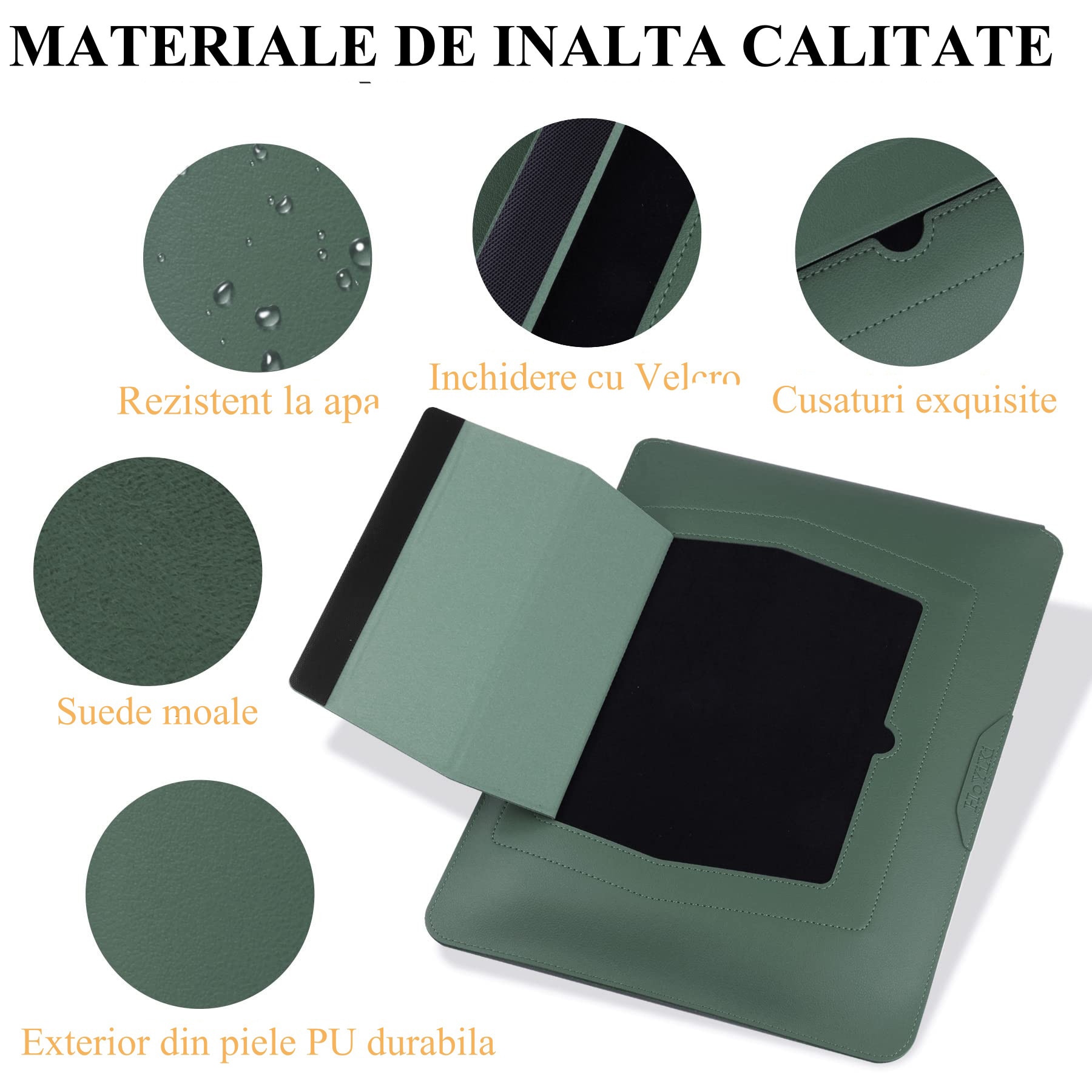 Husa Laptop 15-16 inch, 4 in 1 cu foldable stand, oein®, compatibila cu MacBook Air, MacBook Pro, Piele Ecologica, Marime Universala, 28 x 38 cm, Verde