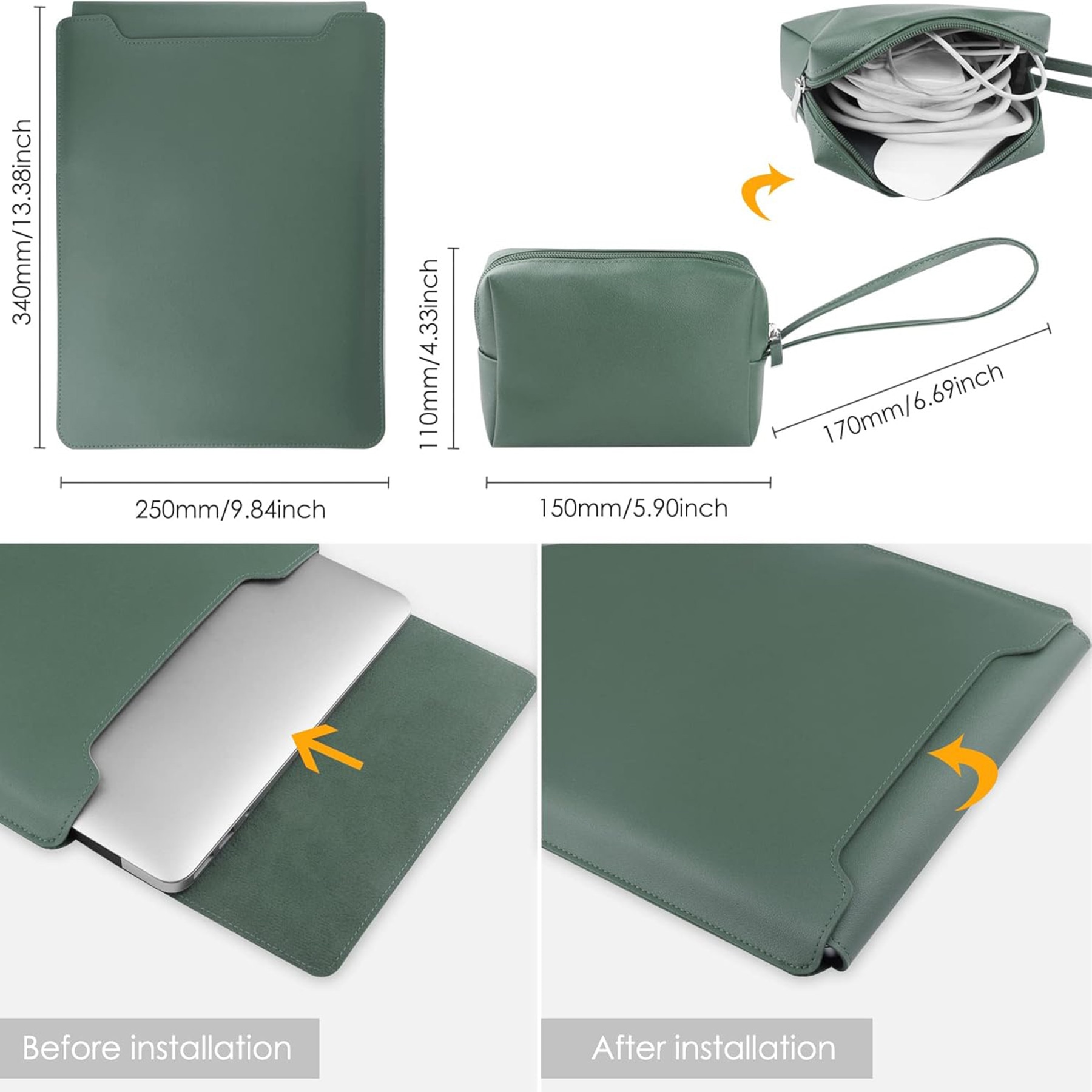 Husa Laptop 13-14 inch compatibila cu MacBook Air, oein®, MacBook Pro, Piele Ecologica, Marime Universala, 25 x 34 cm, Verde
