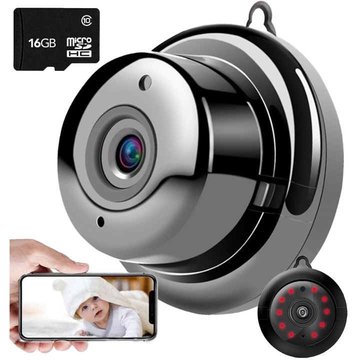Mini vezeték nélküli kémkamera infravörös érzékelővel, Excitat®, Full HD 1080p minőség, Intercom funkció, Audio-Video funkció, Mozgásérzékelés, Éjjellátó látás, Loop felvétel, 16 GB kártya, iOS/Android alkalmazásokkal kompatibilis, Otthonbiztonság, Fekete