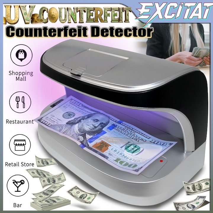 Detector valutar cu UV, Excitat®, cu lumina LED pentru verificare. Dispune de functie automata de pornire/oprire, portabil si usor, reincarcabil, Potrivit pentru valutele din toate tarile, bancnote, cecuri, pasapoarte si carduri de credit, gri