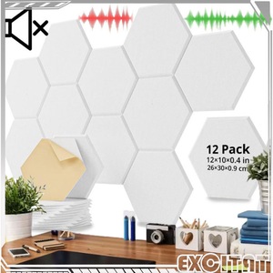 Set 12 Panouri Acustice Autoadezive, Excitat®, Panouri Izolatie Acustica, Reduce Zgomotul de Fond, Suprafata Este Neteda, Sigura si Durabila, Hexagonal, Adezive, Pentru Fundaluri, Studiouri si Locuinte, 26×30×0.9 cm, Alb