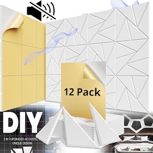 Set 12 Panouri Acustice, Excitat®, Autoadeziv, cu Model, Izolatie fonica de inalta densitate, Forma patrata, Adezive, Potrivit pentru Decorare Pereti/Plafoane/Usi din Casa, Studio, Fonoabsorbant 12 x 12 x 0, 4in, Alb