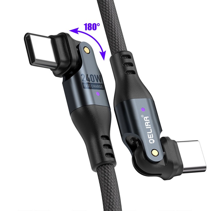 Кабел за данни и бързо зареждане SuperFastCharge 240W, QELIRA®, въртяща се глава на 180 градуса, първокласен текстилен материал, съвместим със Samsung, iPhone 15, Huawei, Xiaomi, USB-C към USB-C, черен, 2 метра