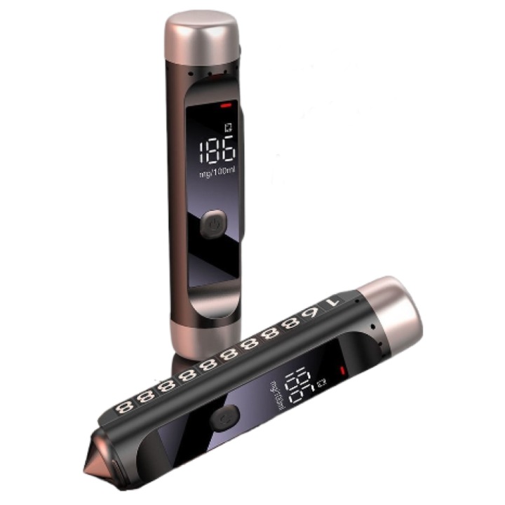 Detector de alcool 3 in 1, Tester Portabil, Analiza in Timp Real, Testare Multiple Persoane, Ciocan de Siguranta, Suport Afisare Nr.Telefon pe Bordul Masinii, USB C, Display LCD, Autonomie Mare, Negru