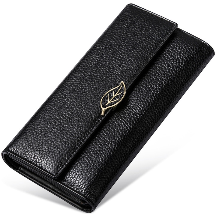 Дамски портфейл с блокиране на RFID, дълъг портфейл с голям капацитет и цип, държач за телефон Travel Clutch Портмоне Wristlet, Axroad Mall, лесен за носене, естествена кожа, 19,4x10,3x3 см, черен