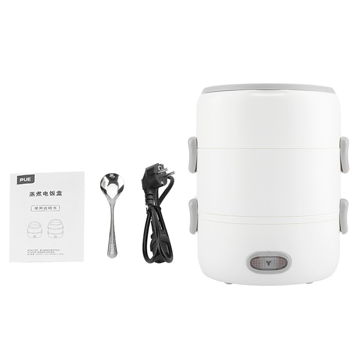 3-слойна електрическа кутия за обяд, 2.0L капацитет, бяла керамика, 280W, размери 19.5x19.5x22cm