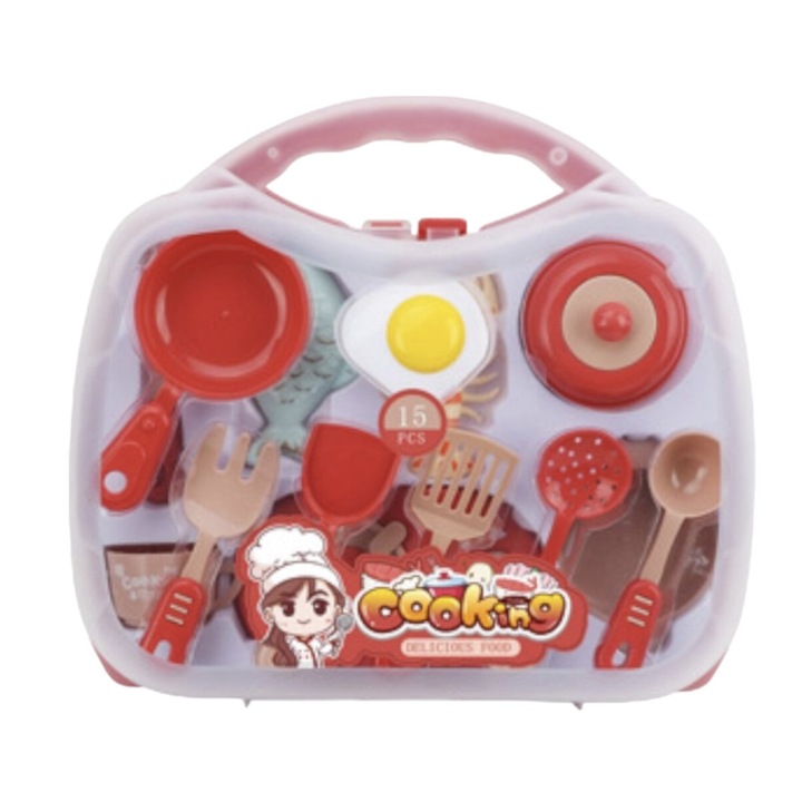 Set ustensile de gatit pentru copii - 15 piese, roz