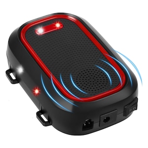 Aparat profesional cu ultrasunete CLAUSTEEL 2 IN 1 pentru auto si casa, cu lumini intermitente, anti rozatoare, anti sobolani, anti insecte, frecventa 25kHz-50kHz, acoperire 360°, raza 300 MP, Rosu Negru