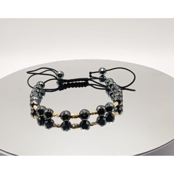 Bratara din Hematit fatetat cu 5 bile (cilindri) din aur de 14K