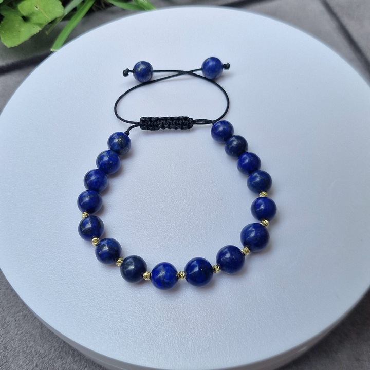 Bratara pe snur reglabil cu bile naturale din Lapis Lazuli si 9 bile din Aur de 14K