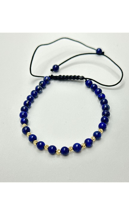 Állítható zsinóros karkötő természetes lápisz lazuli gyöngyökkel és 9 db 14 karátos arany gyöngyökkel