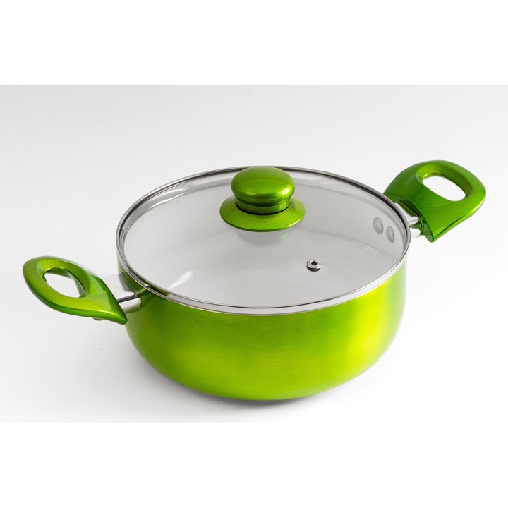 Oala din aluminiu cu invelis ceramic, cu capac din sticla, Verde, 1.8 l, 20 cm