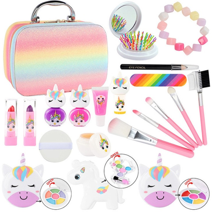 Jucarii multicolore pentru copii Set de machiaj lavabil, non-toxic, pentru fetite mici, machiaj pentru fetite mici, machiaj printesa, jucarii cadou de aniversare de Craciun pentru 4 5 6 7 8 9 10 ani