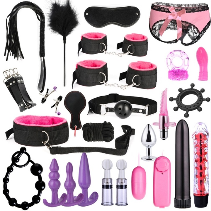 Set de jucarii sexuale 26 piese cu catuse Mansete guler franghie bici pene reglabil roz U-01