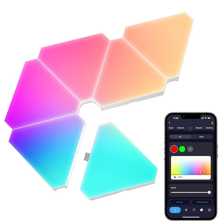 Kit LED EqiEch, Panouri LED RGB Triunghiulare, Control Vocal, 6 Piese, 11cm, Multicolor