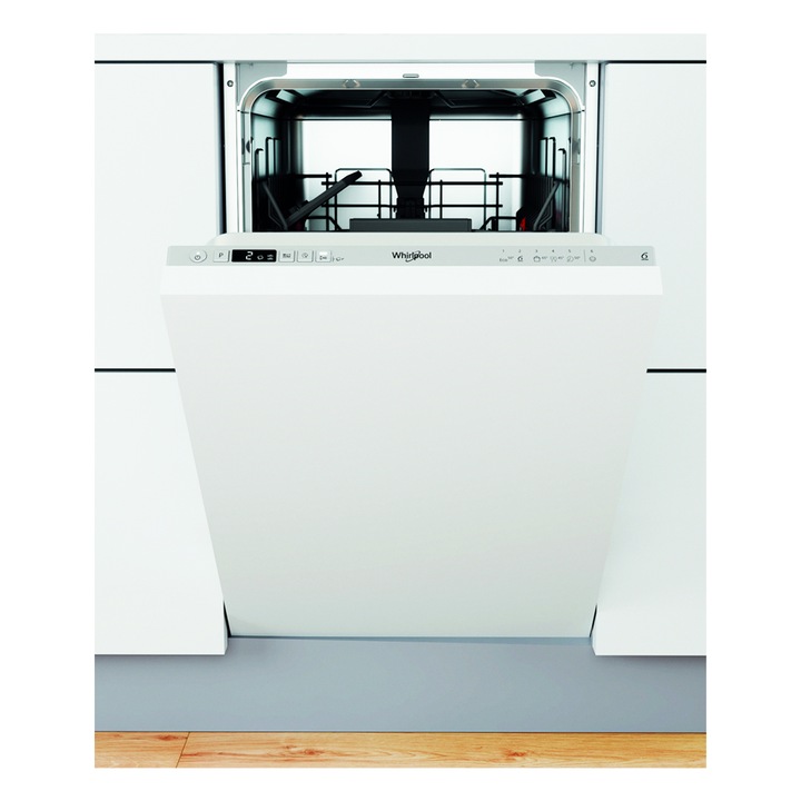 Masina de spalat vase incorporabila Whirlpool WSIC 3M27, Clasa E, 6 programe, 10 seturi, Aquastop, Alba