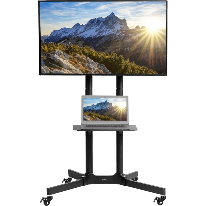 Stand mobil de TV, 32"-65", pentru prezentari, conferinte, cu rafturi de sustinere laptop si proiector, roti blocabile, unghi de inclinare reglabil, 360°, Negru, ELDEPO®